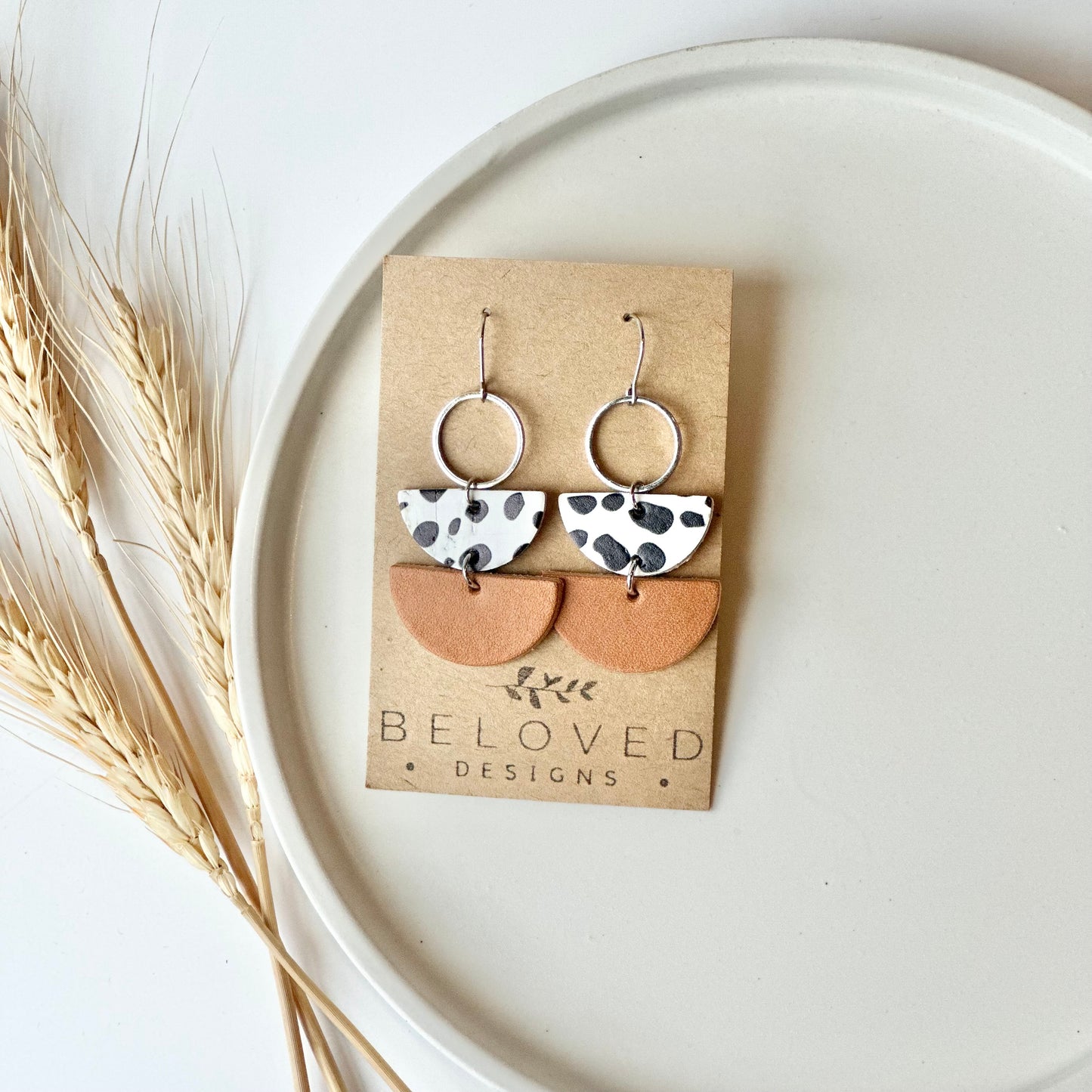 Dalmatian + Natural Leather Half Circle + Hoop Earrings