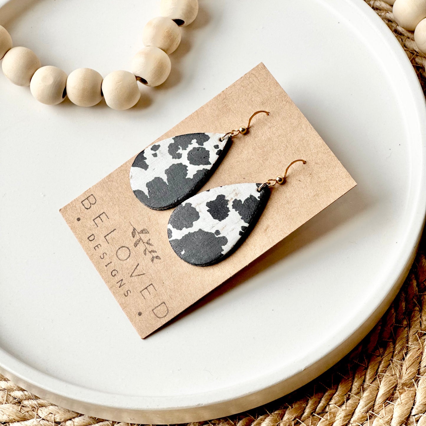 Cow Print Cork Leather Teardrop Earrings