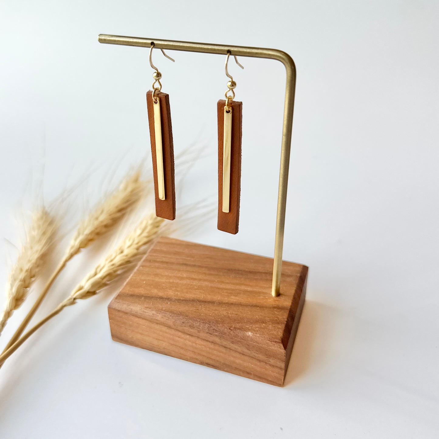 Cognac Leather Bar + Gold Bar Earrings