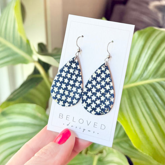 Suede Leather Teardrop Earrings | Navy Stars