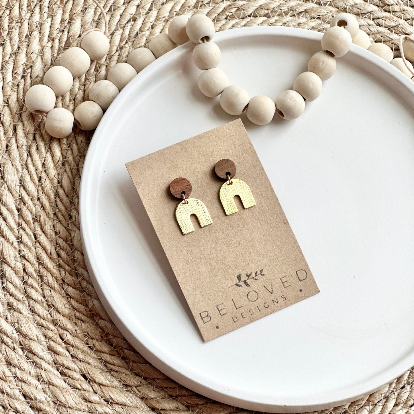 Brushed Gold Plated Arch + Wood Stud Earrings