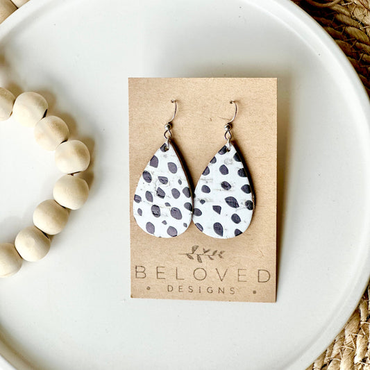 Dalmatian Cork Leather Teardrop Earrings