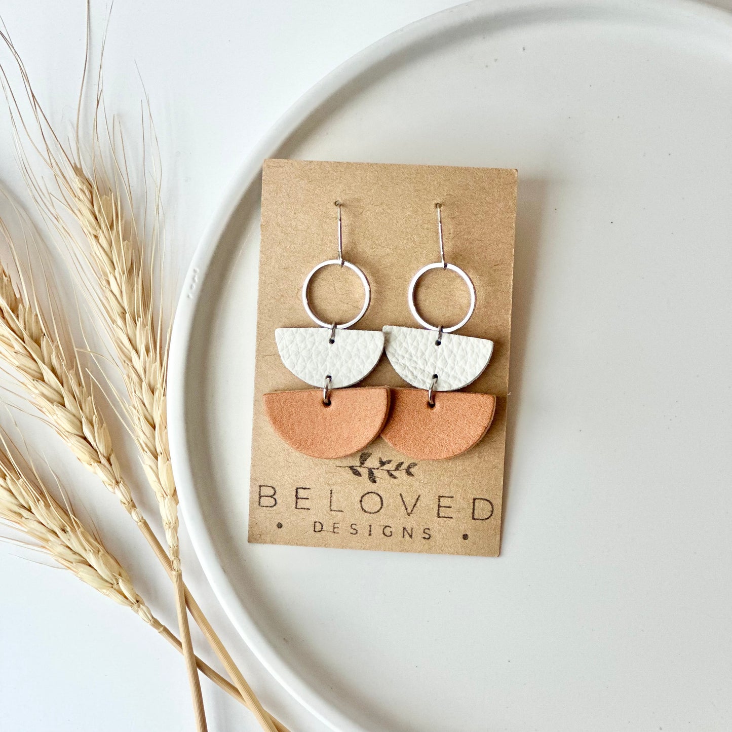 Natural + Cream Leather Half Circle + Hoop Earrings