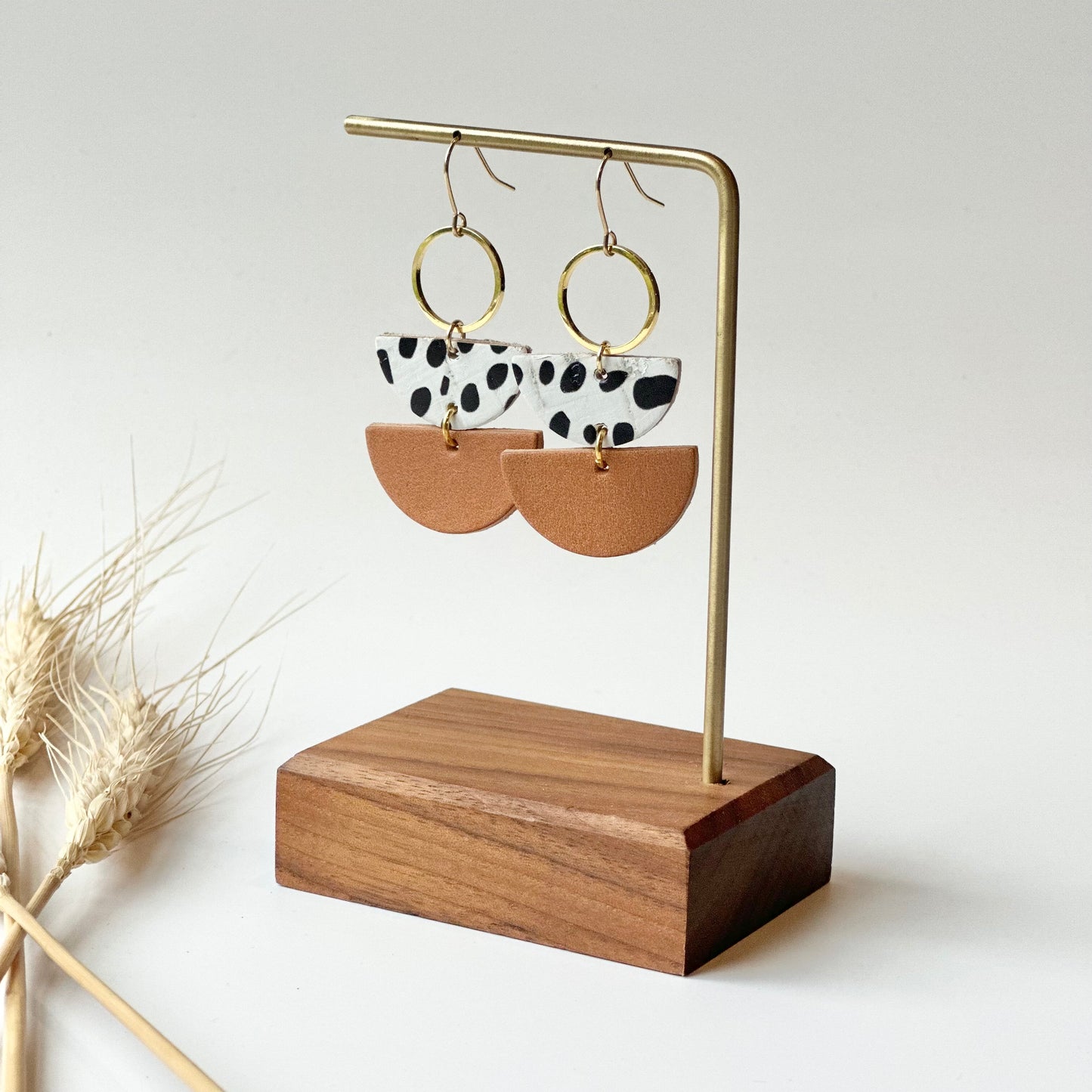 Dalmatian + Natural Leather Half Circle + Hoop Earrings