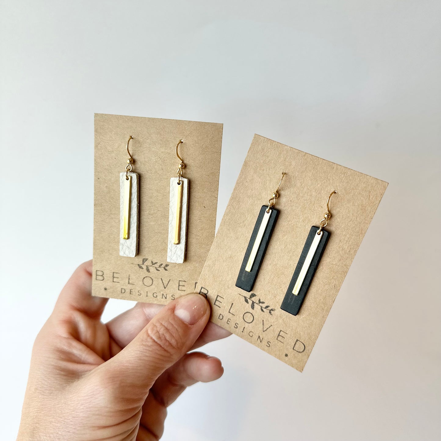 Black Leather Bar + Gold Bar Earrings