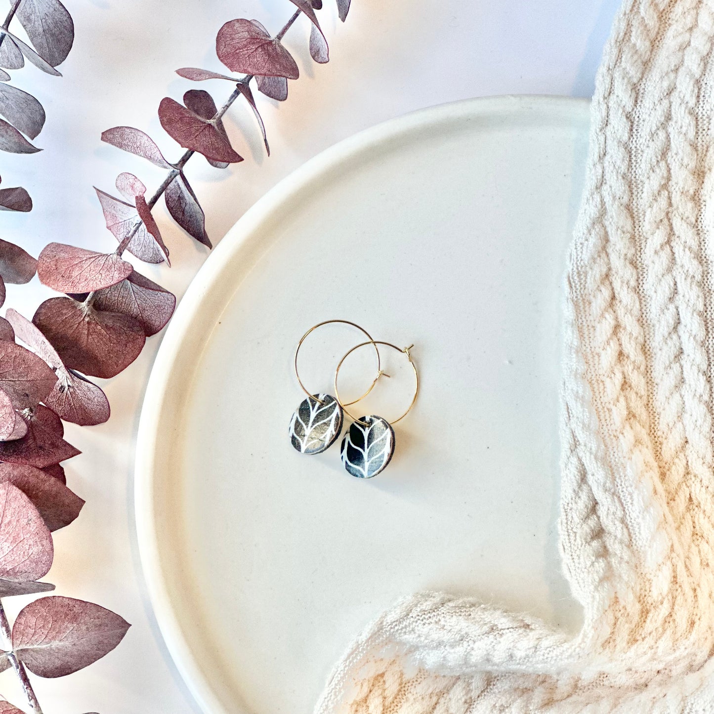 Black and White Chevron Cork Leather Circle + Hoop Earrings