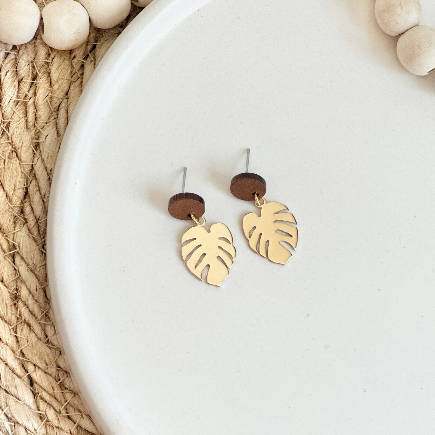 Petite Gold Plated Monstera + Wood Stud Earrings