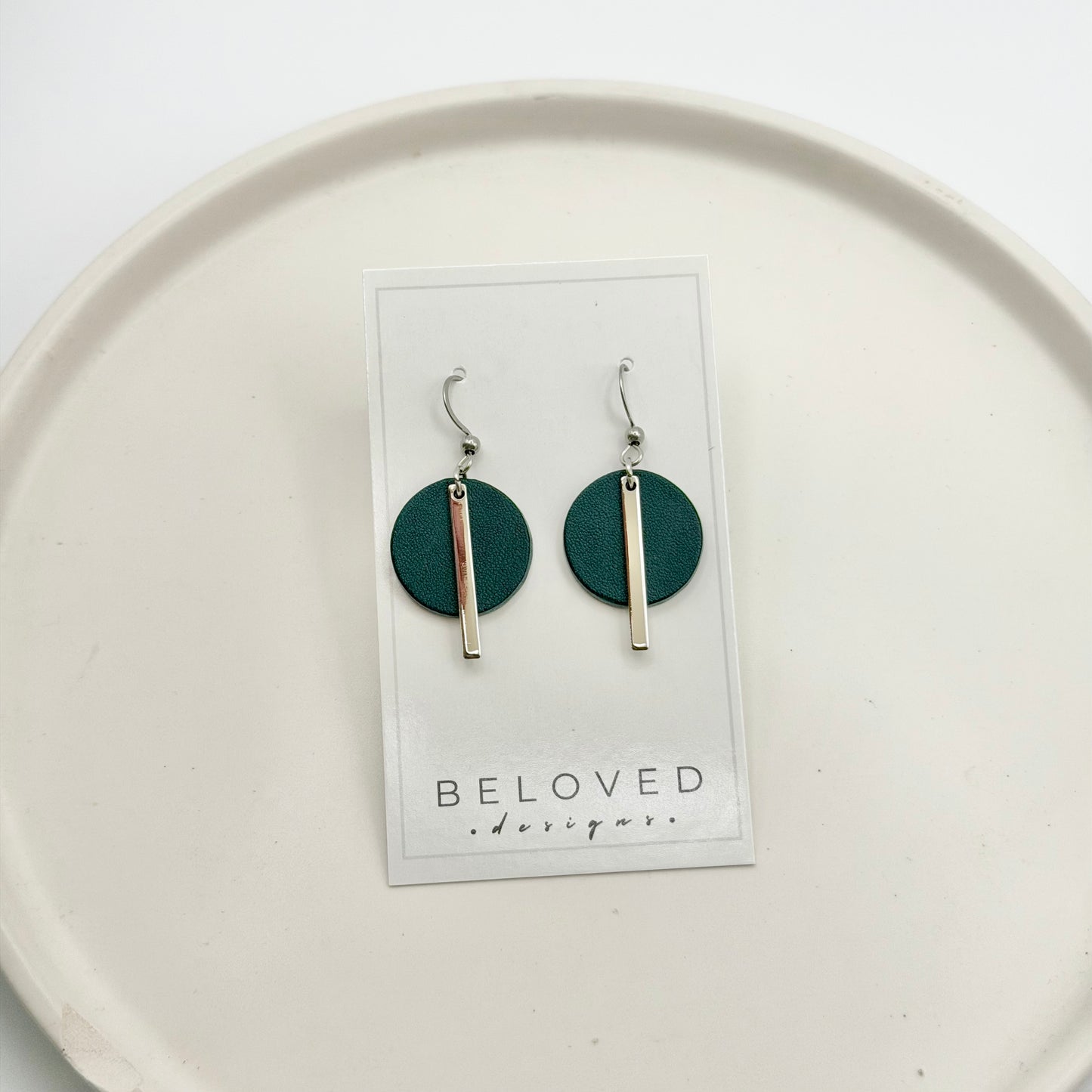 Leather Circle + Rhodium Bar Earrings | Teal