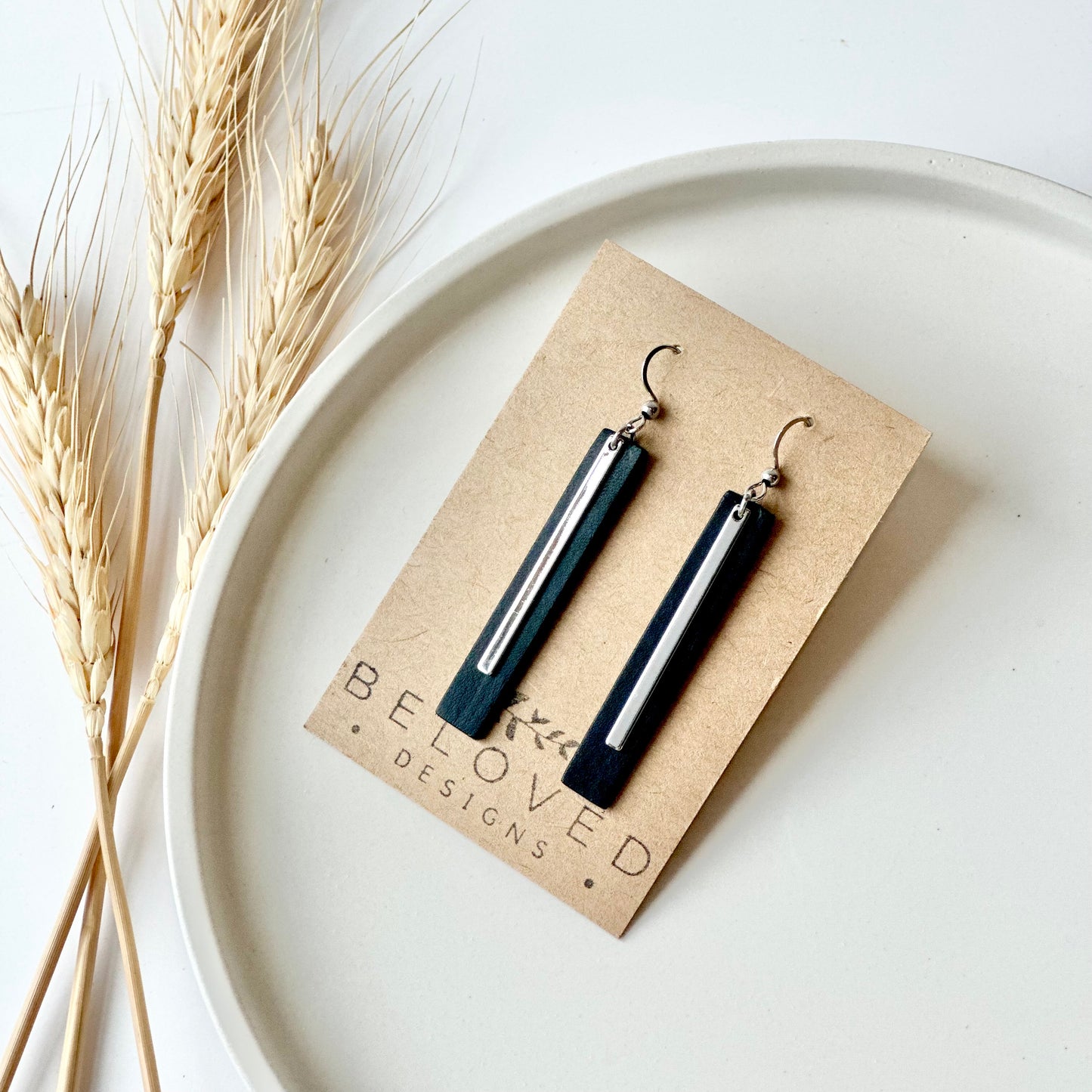 Black Leather Bar + Rhodium Bar Earrings