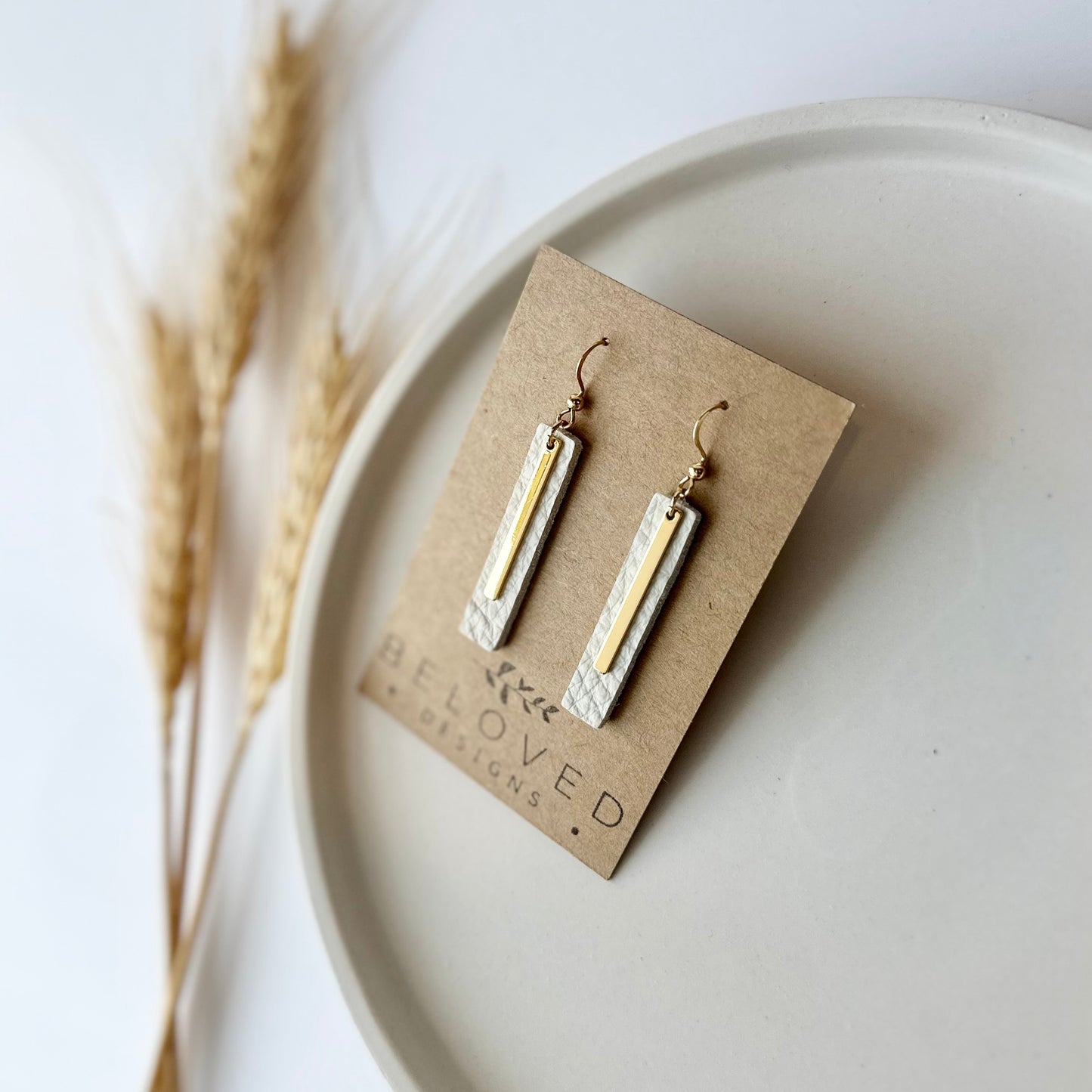 Cream Leather Bar + Gold Bar Earrings