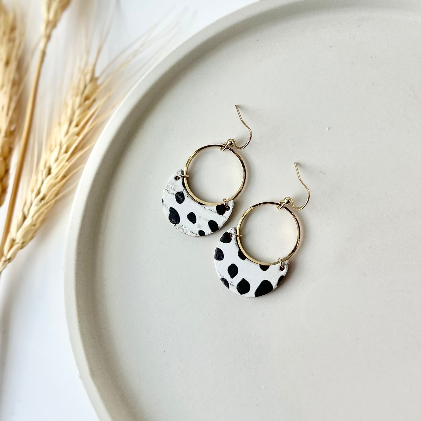 Dalmatian Cork Leather Crescent + Hoop Earrings