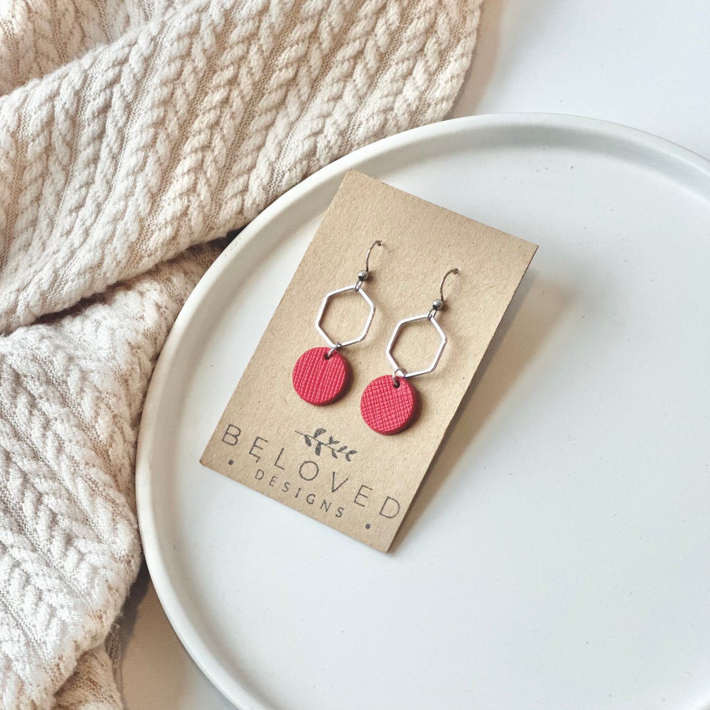 Cherry Red Leather + Hexagon Earrings