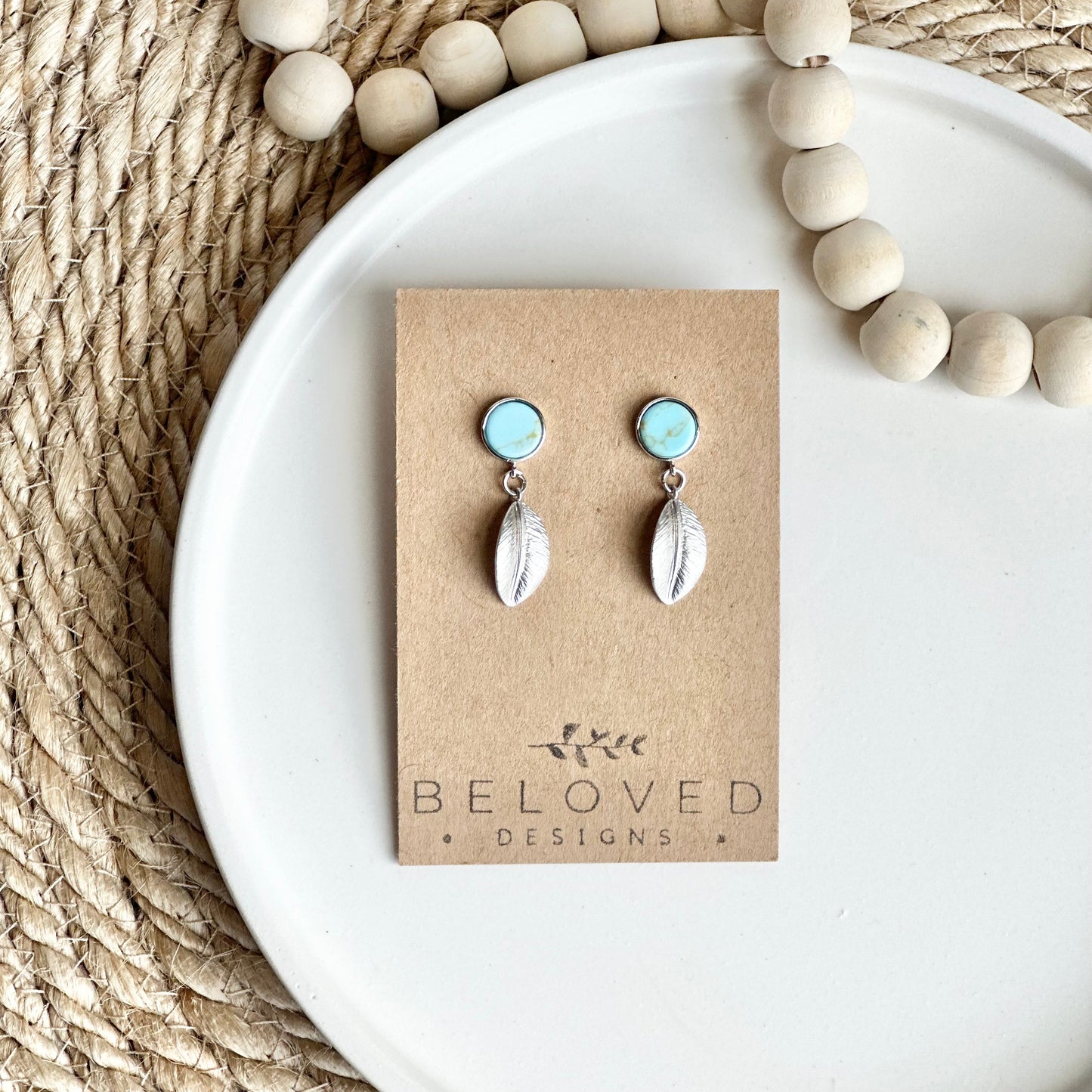 Turquoise Howlite Stud + Silver Leaf Earrings