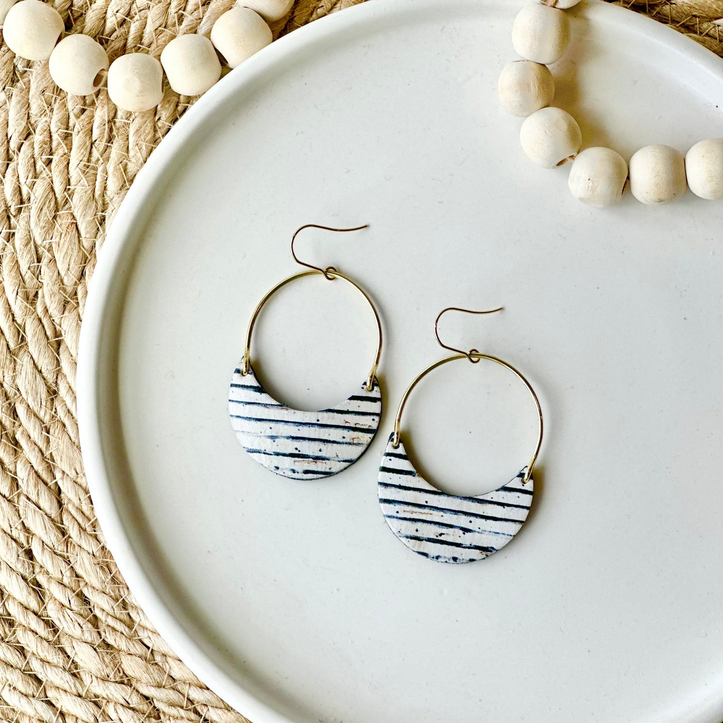 Black and White Stripe Cork Leather + Arch Earrings