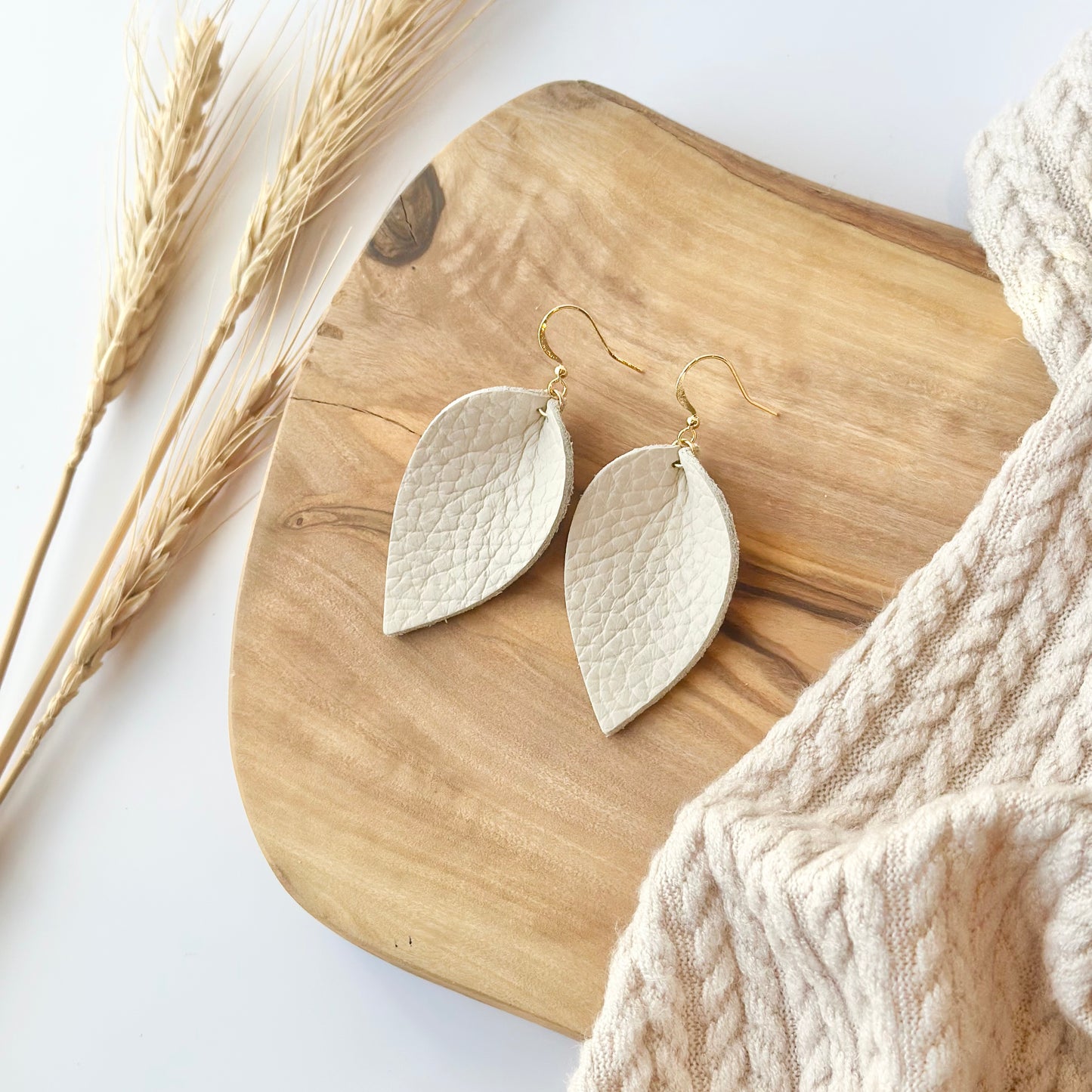 Almond Leather Folded Leaf Earrings - Large