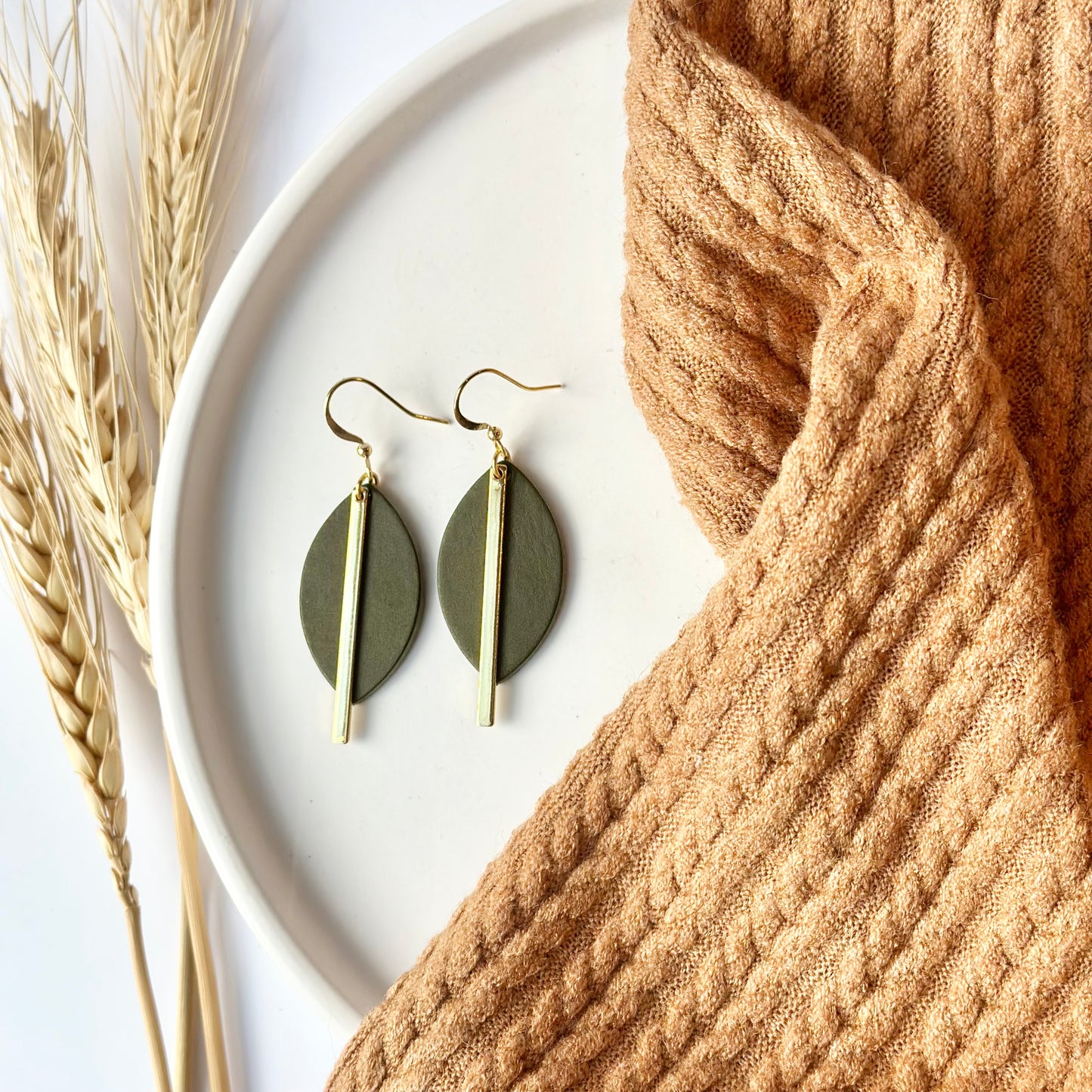 Olive Leather Leaf + Gold Bar Earrings