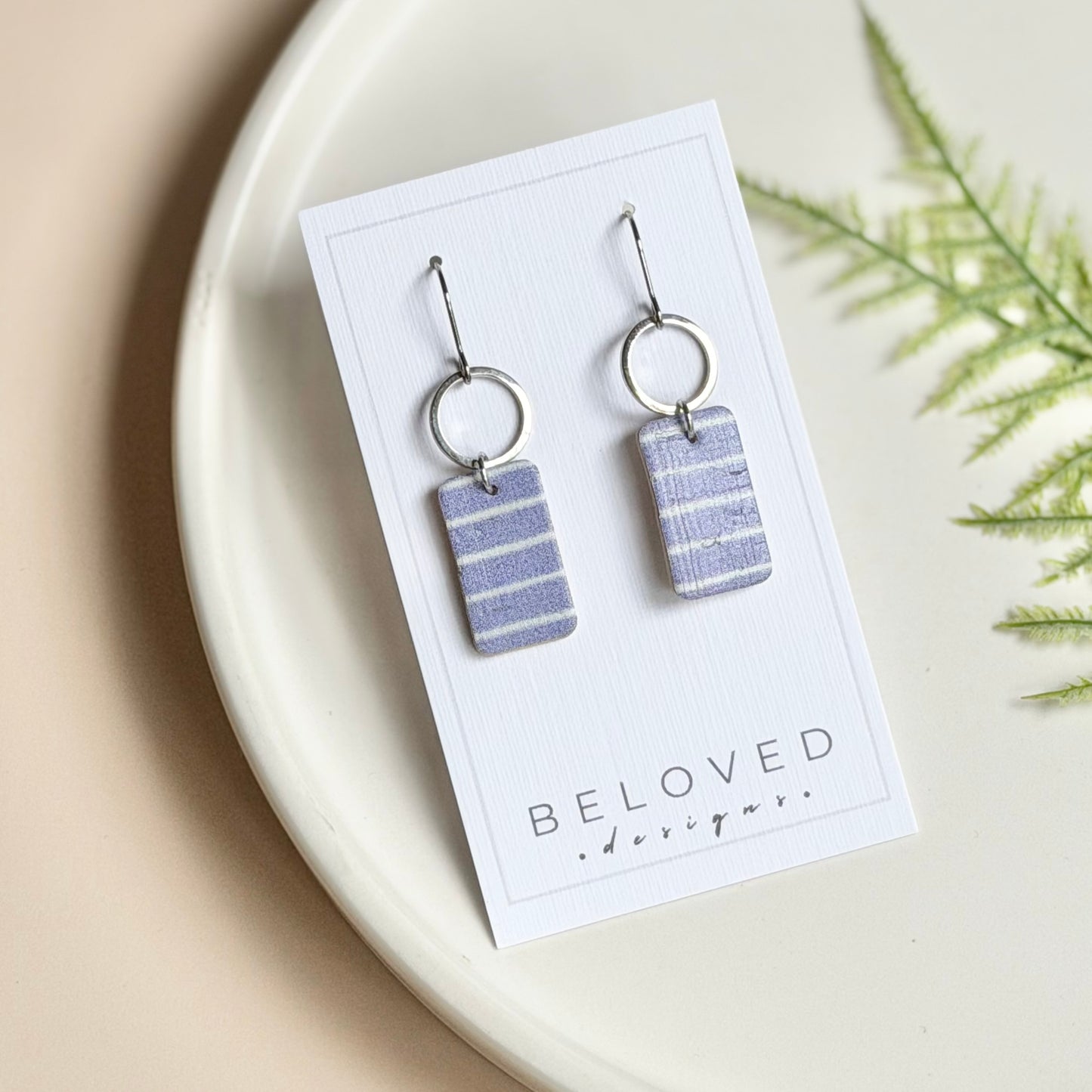 Cork Leather Rectangle + Hoop Earrings | Pale Blue Stripe