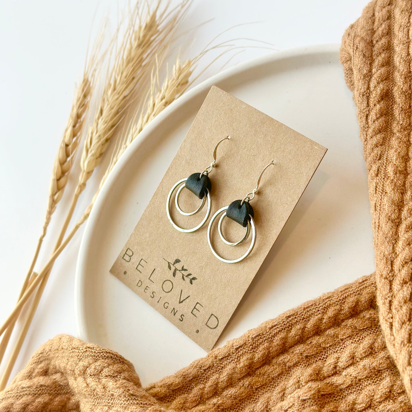 Black Leather + Double Rhodium Hoop Earrings - Small