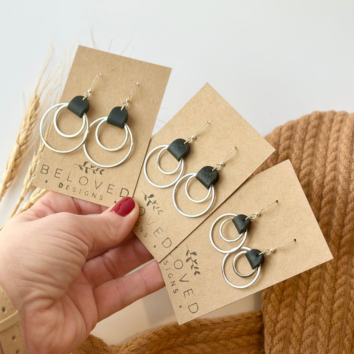 Black Leather + Double Rhodium Hoop Earrings - Small