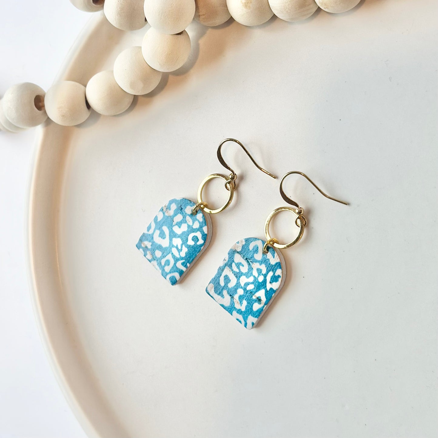 Teal Leopard Cork Leather Arch + Hoop Earrings