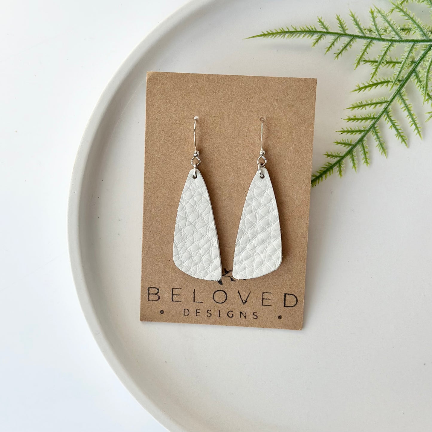 White Leather Drop Leaf Earrings