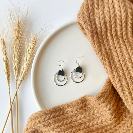 Black Leather + Double Rhodium Hoop Earrings - Small