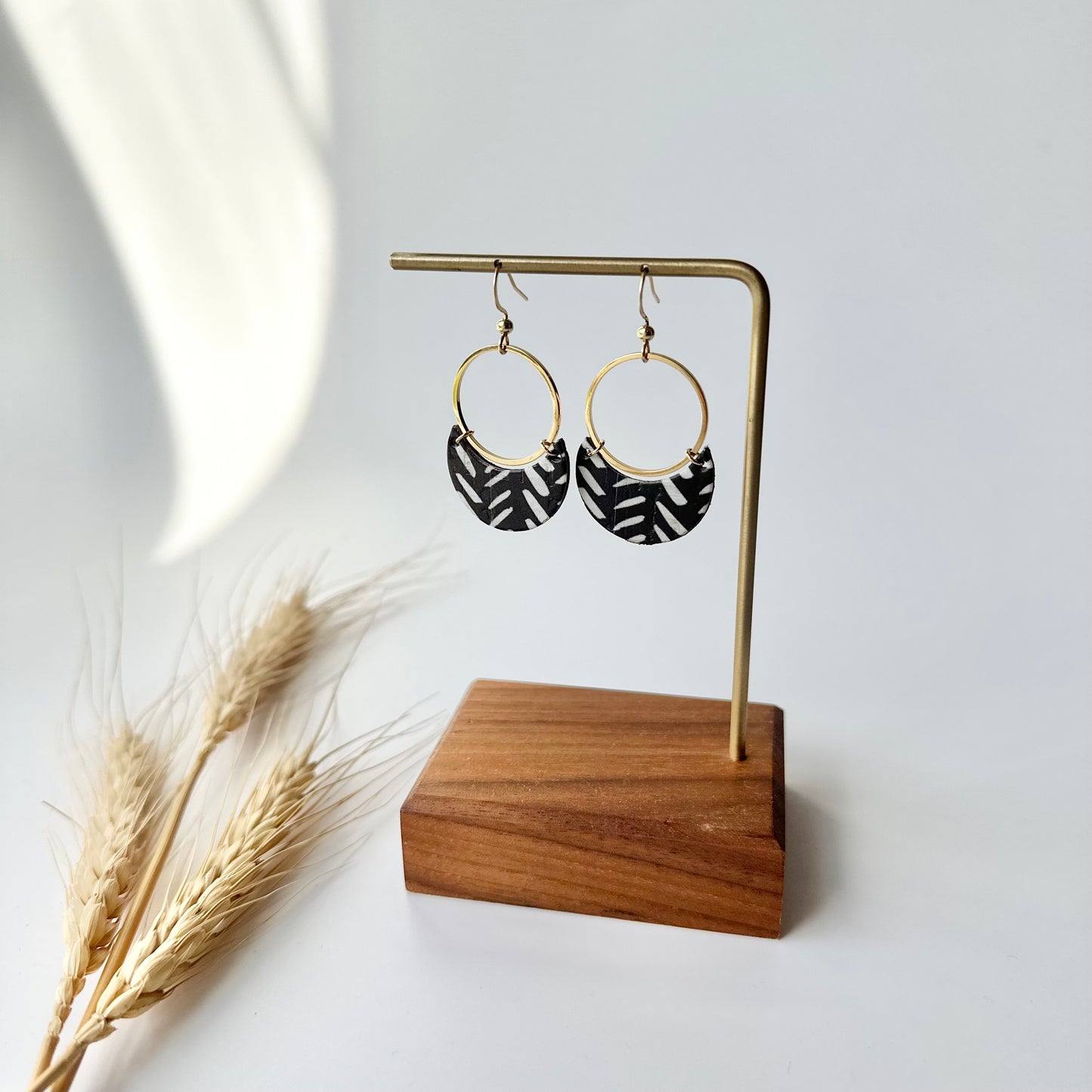 Black and White Chevron Cork Leather Crescent + Hoop Earrings