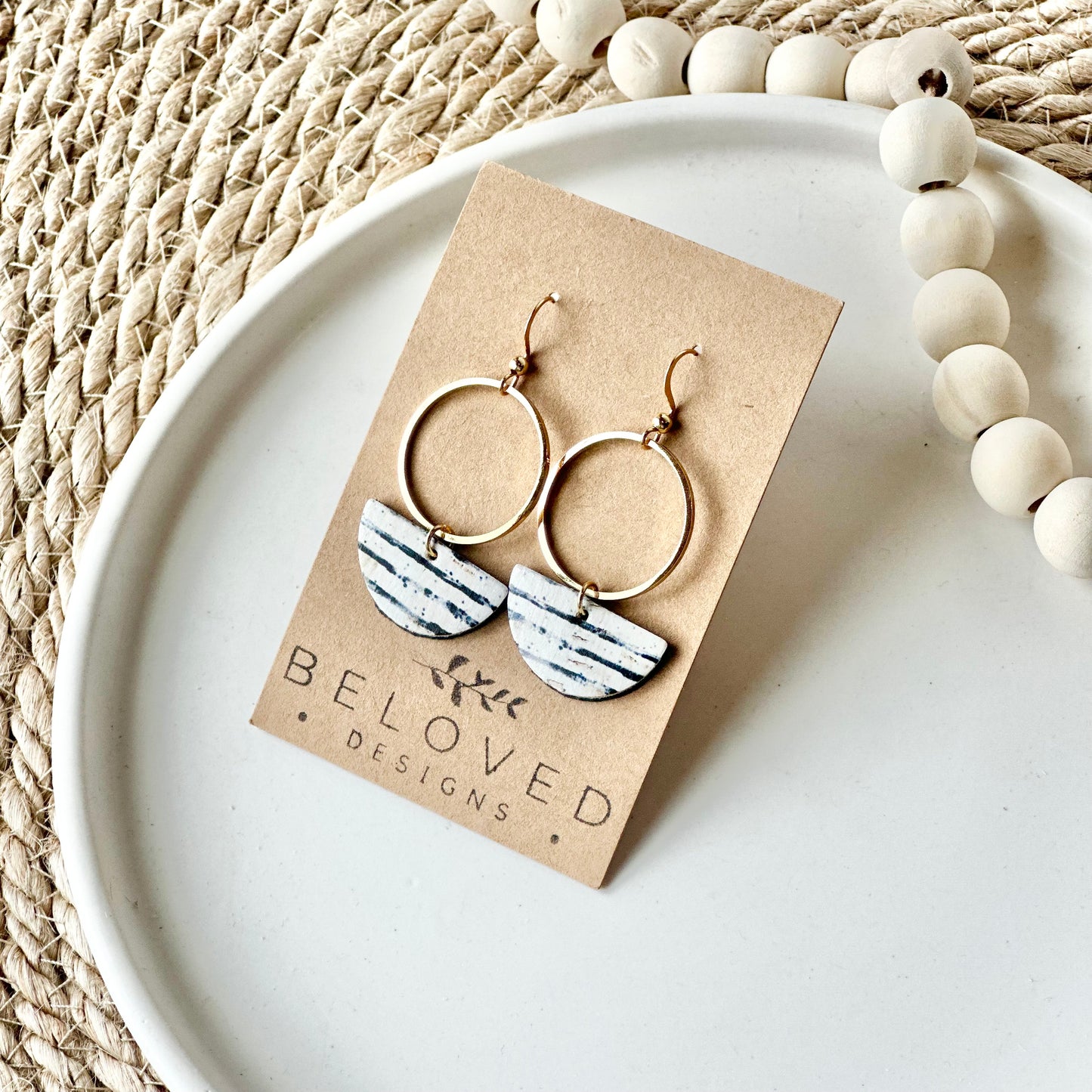 Black and White Cork Leather Half Circle + Hoop Earrings