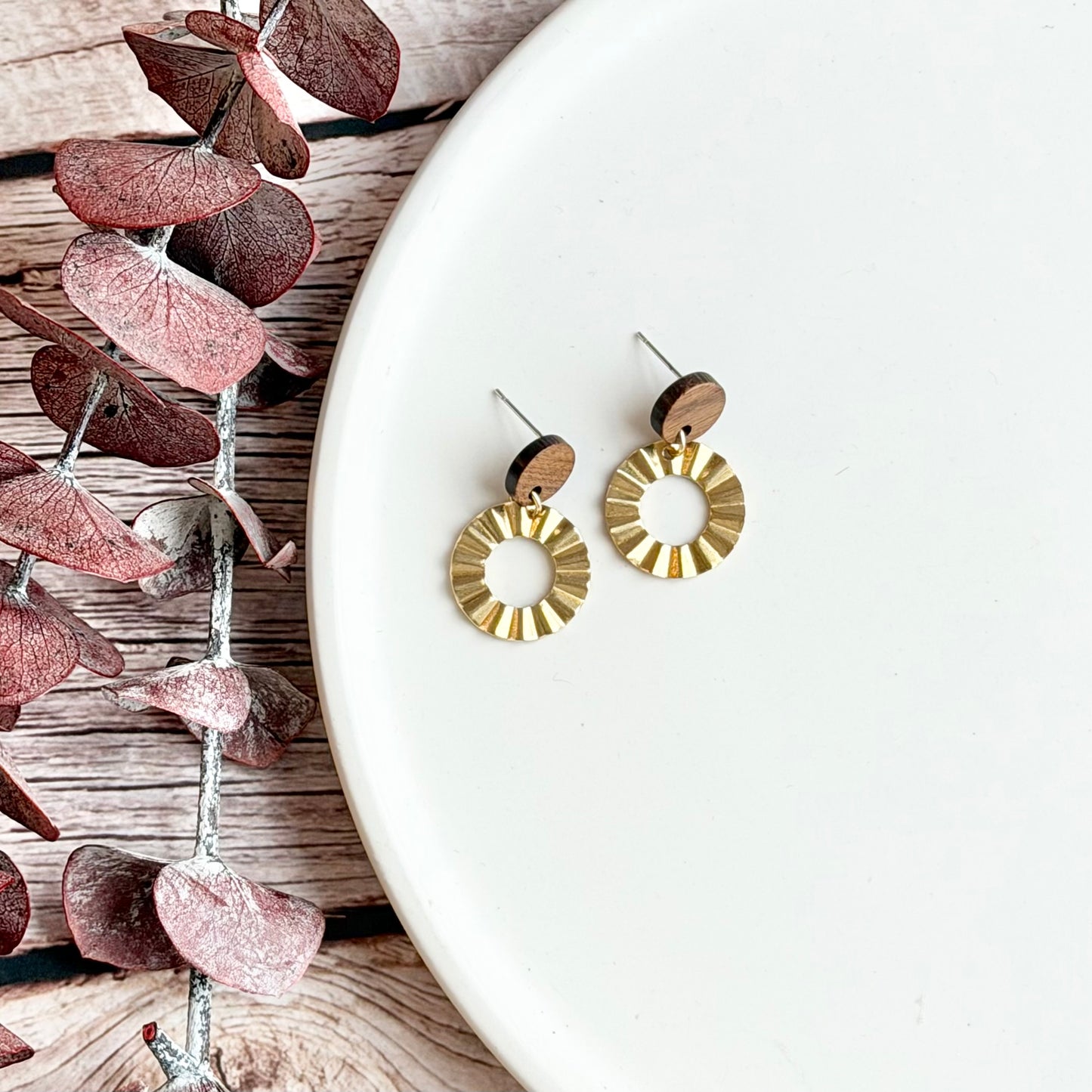 Brass Crinkle Hoop Stud Earrings