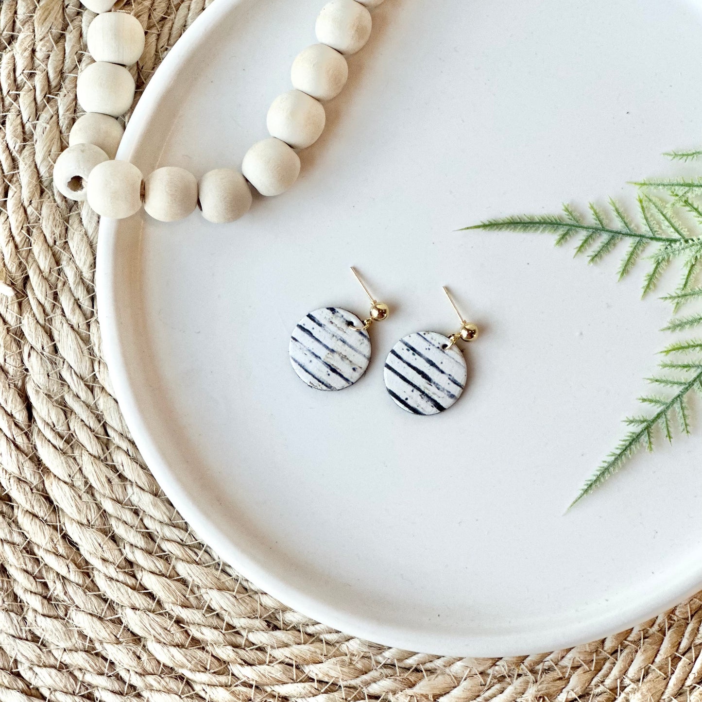 Black and White Stripe Cork Leather Circle + Stud Earrings