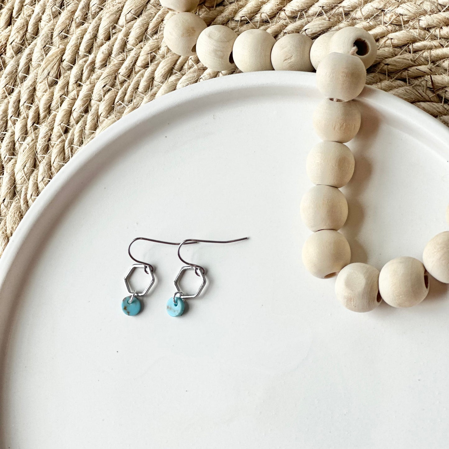 Petite Rhodium Hexagon + Howlite Earrings