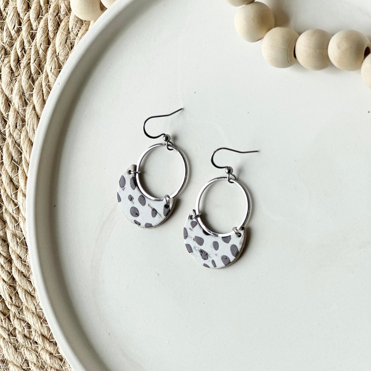 Dalmatian Cork Leather Crescent + Hoop Earrings