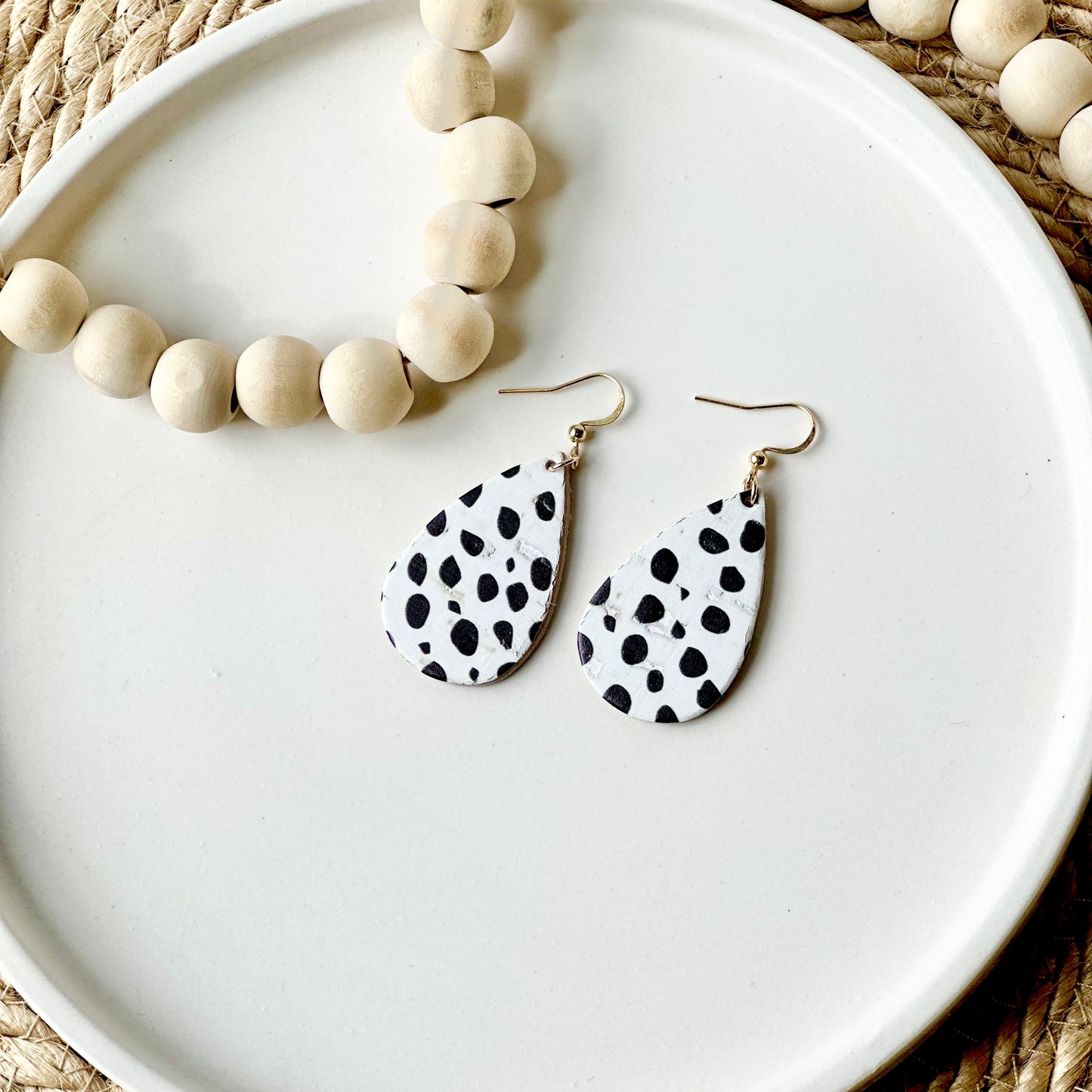 Dalmatian Cork Leather Teardrop Earrings