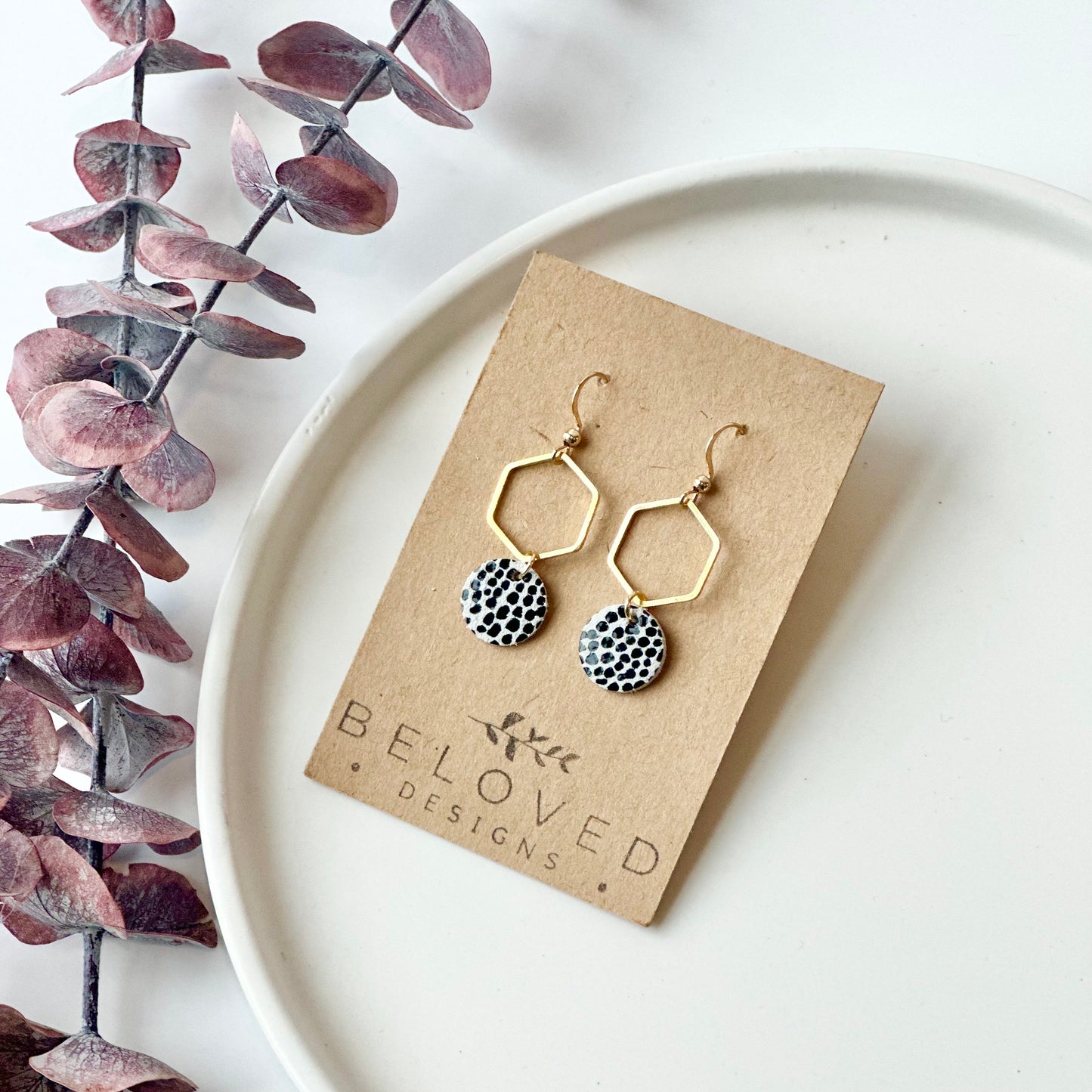 Mini Dalmatian Leather + Hexagon Earrings