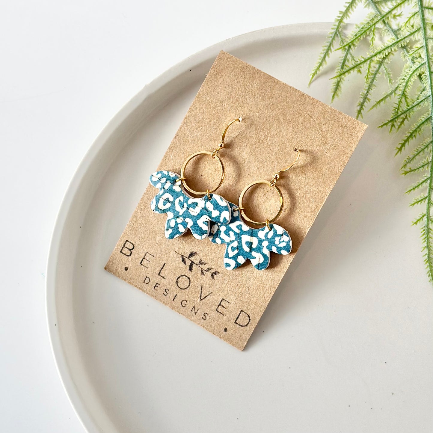 Teal Leopard Cork Leather Flower + Hoop Earrings