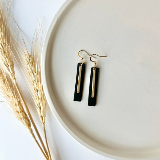 Leather Bar + Gold Bar Earrings | Black