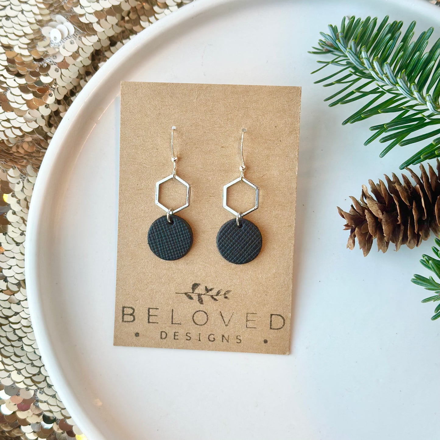 Black Textured Leather + Petite Rhodium Hexagon Earrings