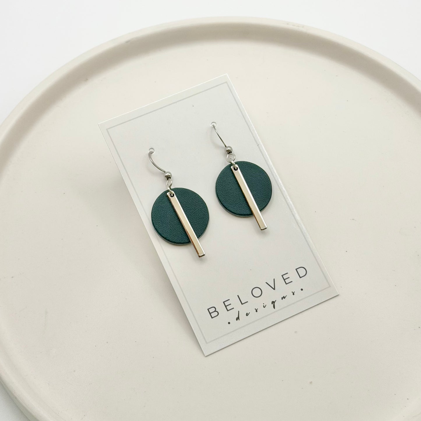 Leather Circle + Rhodium Bar Earrings | Teal