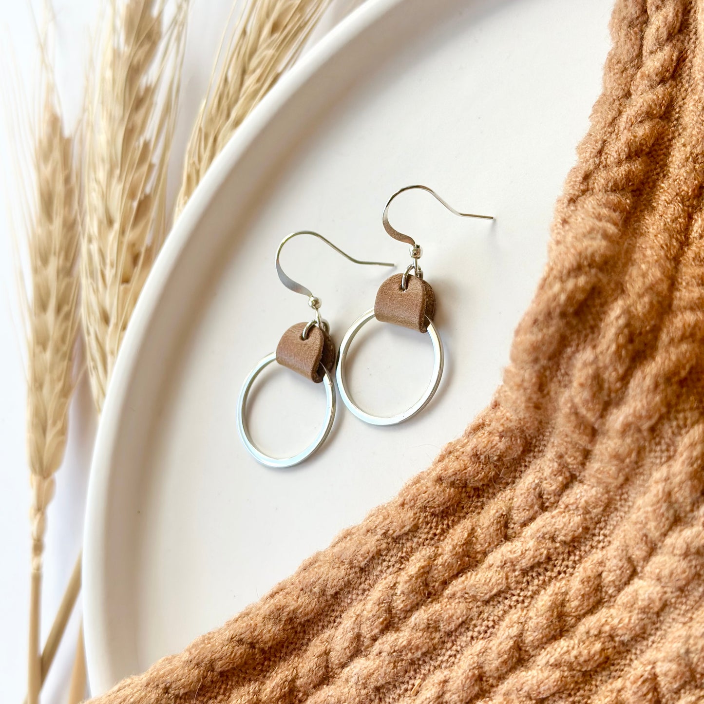 Camel Leather + Rhodium Hoop Earrings