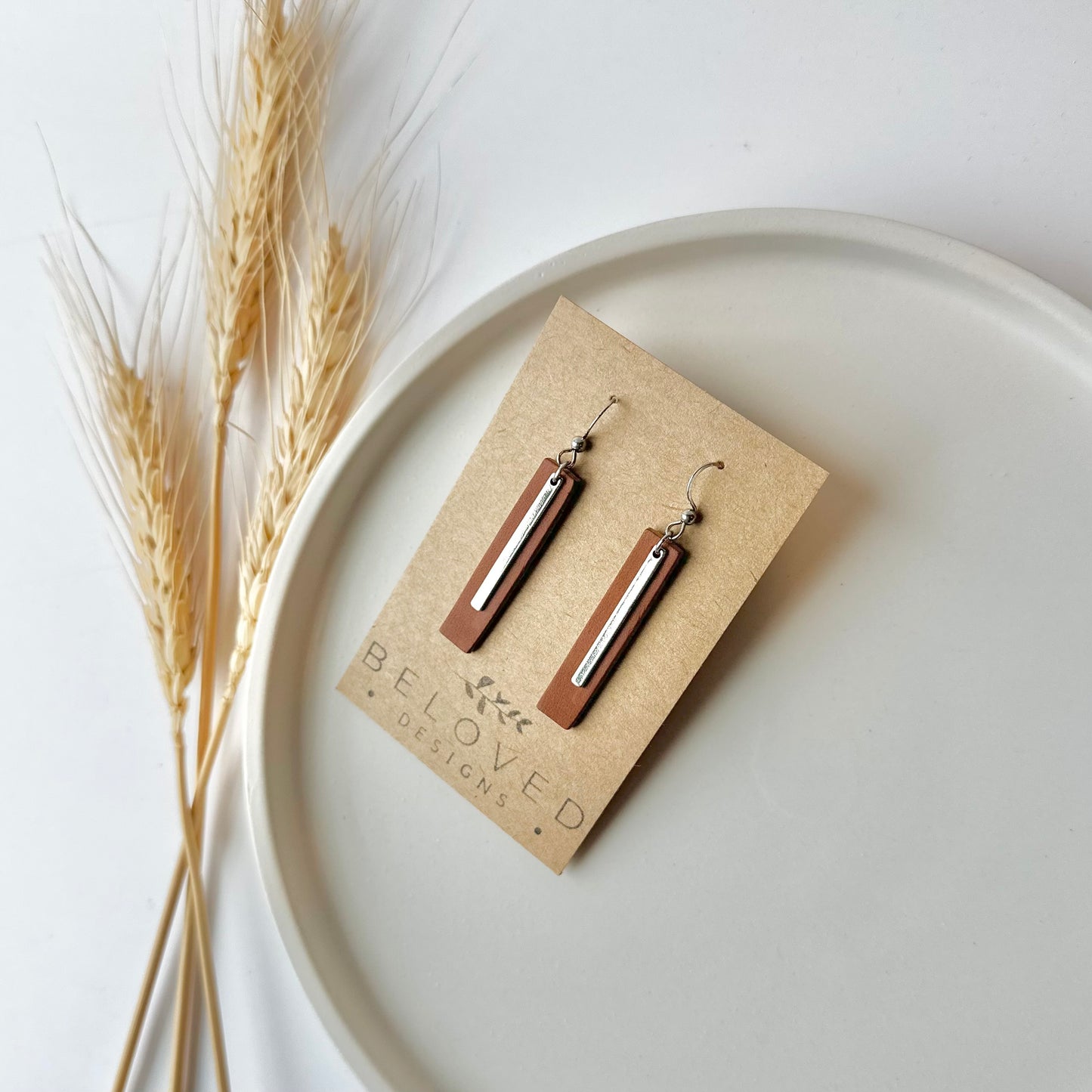 Cognac Leather Bar + Rhodium Bar Earrings