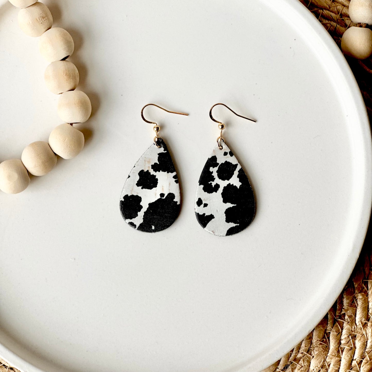 Cow Print Cork Leather Teardrop Earrings