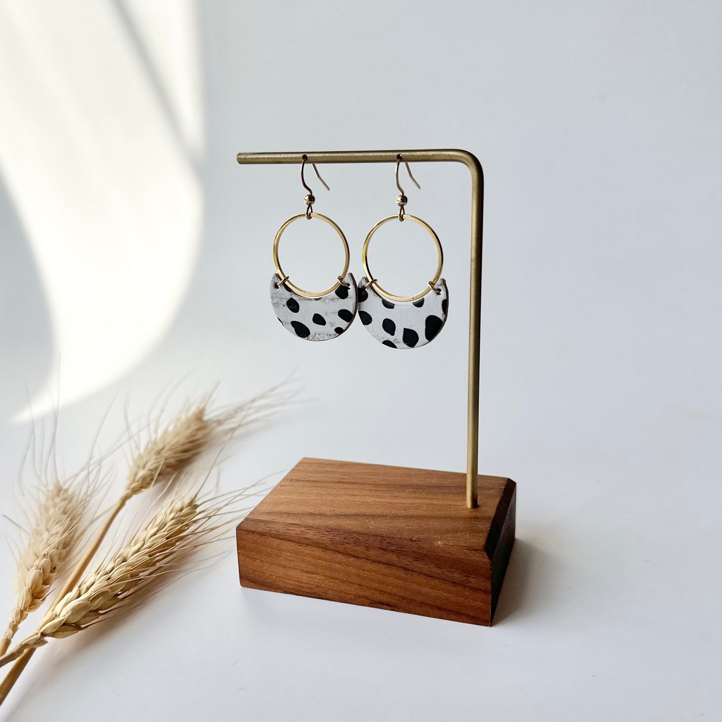 Dalmatian Cork Leather Crescent + Hoop Earrings