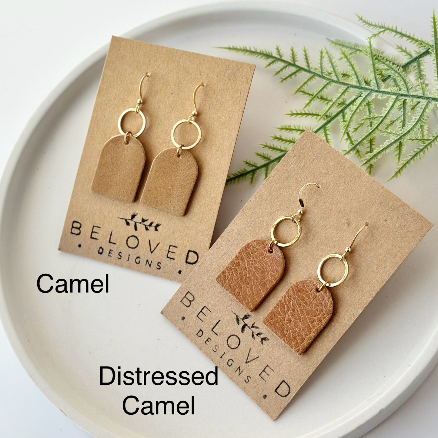 Camel Leather Arch + Hoop Earrings