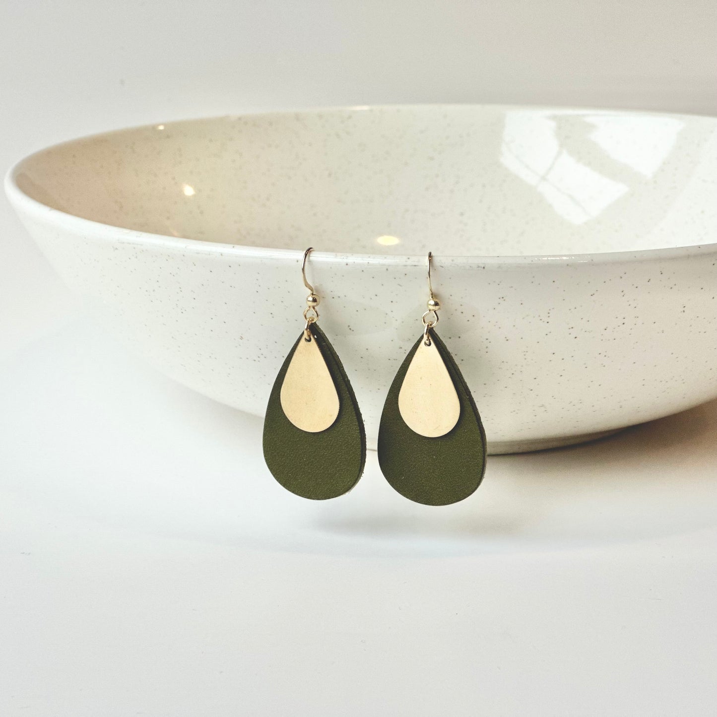 Leather Teardrop +  Brass Earrings | Olive