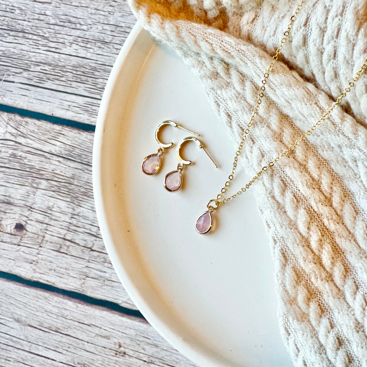 Dusty Pink Teardrop Gold Necklace