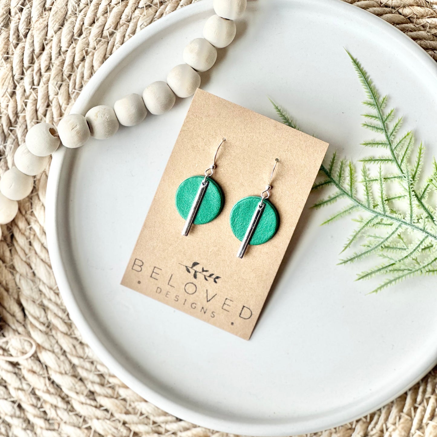 Emerald Green Leather Circle + Bar Earrings