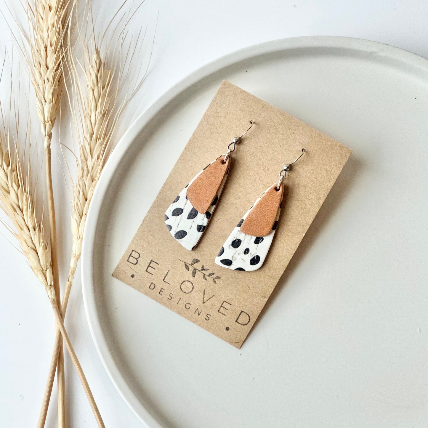 Dalmatian Cork + Natural Leather Drop Leaf Earrings