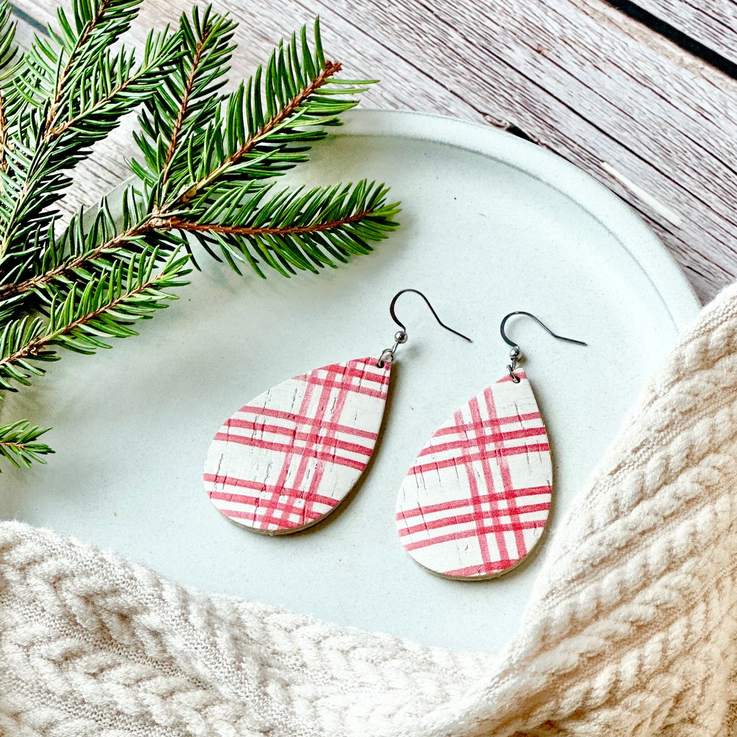 Farmhouse Plaid Cork Leather Teardrop Earrings