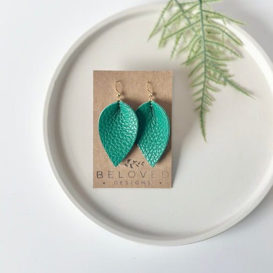 Emerald Leather Folded Leaf Earrings - Large