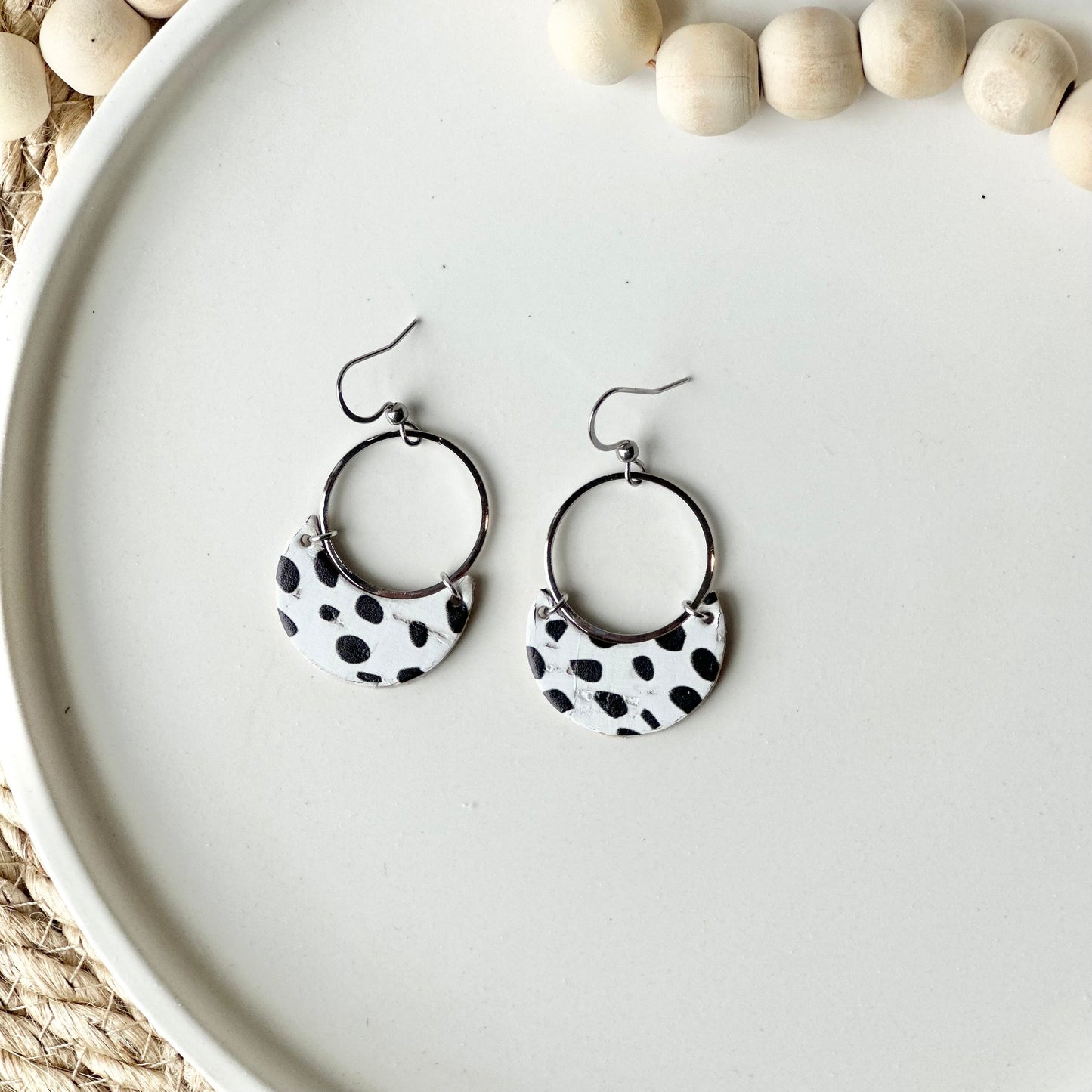 Dalmatian Cork Leather Crescent + Hoop Earrings